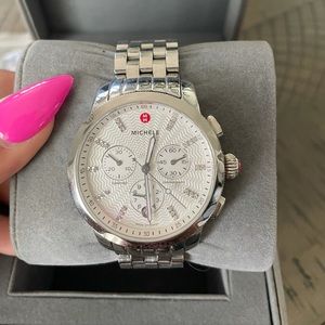 Authentic Michele uptown silver tone diamond watch